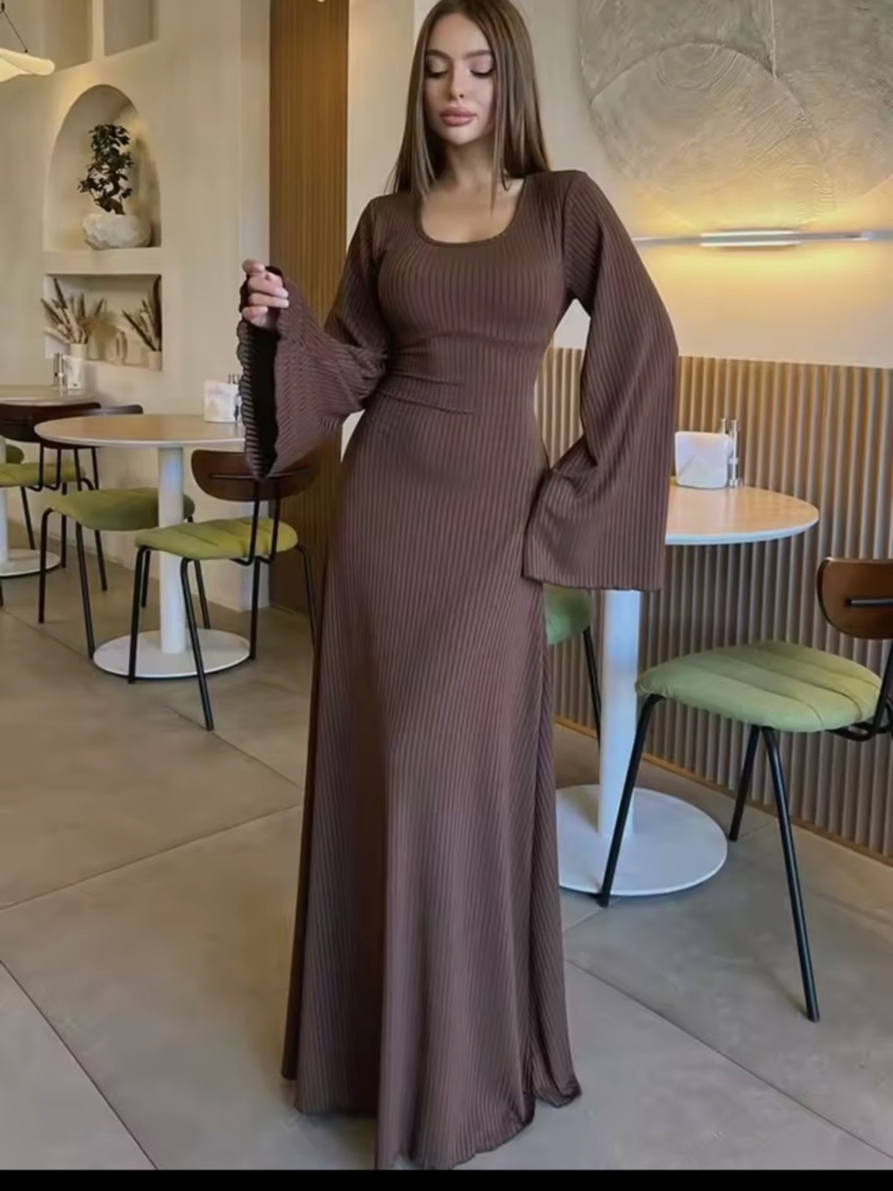 Soft Pink Ribbed Maxi Dress with Flared Bell Sleeves - Picture 4 of 4